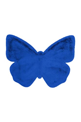 Qiyano Teppich Kinderteppich - Fellimitat, Tierformen, Stern Herz Wolke, super Soft, flauschig, weich, kuschelig - Kinderzimmer - Schmetterling in Blau, Größe: Ø 100 cm Tierform