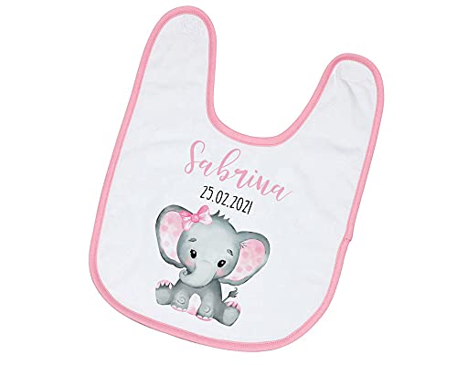 Personalisiertes Baby Lätzchen Elefant mit Name und Geburtsdatum Geschenk zur Geburt Taufe (Rosa (Mädchen))