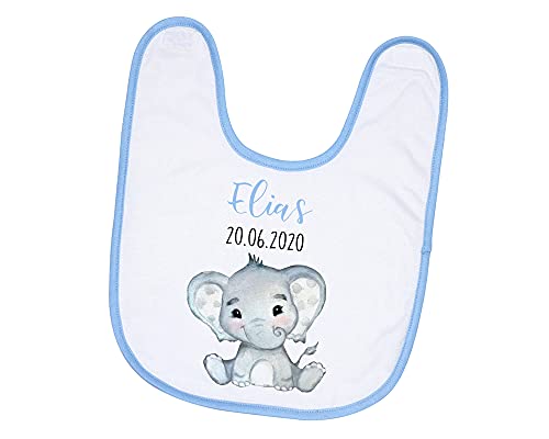 Personalisiertes Baby Lätzchen Elefant mit Name und Geburtsdatum Geschenk zur Geburt Taufe (Blau (Junge))