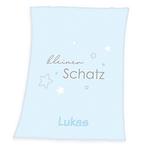 Wolimbo Babydecke mit Namen personalisiert - Motiv Kleiner Schatz hellblau - Besticktes Geschenk...
