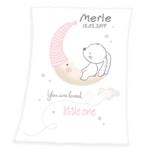 Wolimbo Soft-Peach Babydecke mit Namen personalisiert - Motiv Kleiner Hase - Besticktes Geschenk...