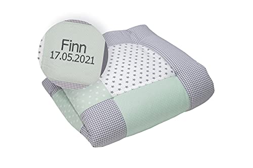 ULLENBOOM ® personalisierte Baby Krabbeldecke 80x80 cm gepolstert Mint Grau (Made in EU) -...
