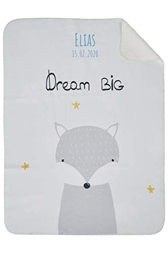 Wolimbo Duo Babydecke mit Namen - Motiv Dream Big Weiss - Lammfell Optik - 75x100cm