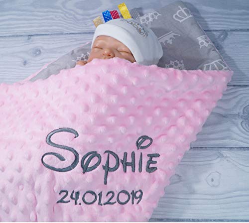 ★ Babydecke mit Namen und Datum bestickt ★ MINKY ★ Baumwolle ★ Füllung ★ (Hellrosa -...