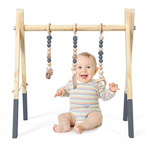DREAMADE Spieltrapez aus Holz, Motorikspielzeug für Babys, Spielbogen mit 3 Spielzeugringe & 2...