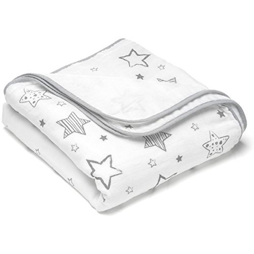Makian Kuscheldecke Sommer Babydecke Sterne - 120x120 cm, 100% Baumwolle, ÖkoTex geprüft / Kinderdecke zum Schlafen, Wickeln, Krabbeln & Spielen - Weiß Grau