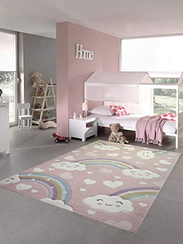 Kinderteppich Kinderzimmerteppich Regenbogen mit Wolken und Herzen in rosa Größe 140x200 cm