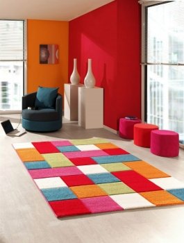Kinderteppich Spielteppich Kinderzimmer Teppich Karo Muster Multicolour Rot Türkis Orange Creme Grün Pink Größe 80x150 cm