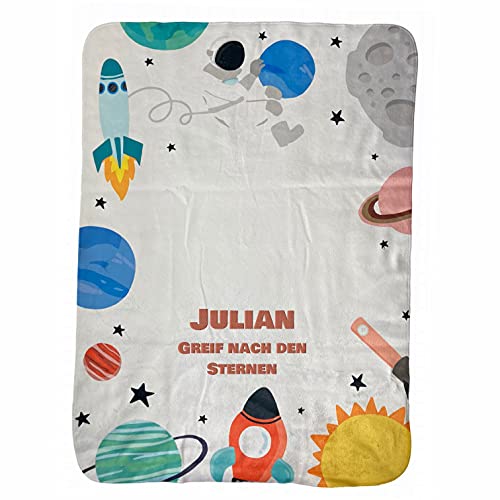 Wolimbo Duo Babydecke mit Namen - Motiv Weltall - Lammfell Optik - 75x100cm