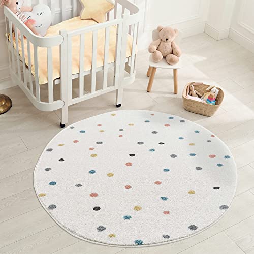 carpet city Kinderteppich Modern - Bunt Gepunktet 120 cm Rund Creme - Jugendzimmer Teppich