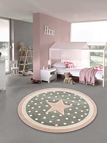 Kinderteppich Spielteppich Babyteppich rund mit Stern in Rosa Grau Weiss Größe 120 cm Rund