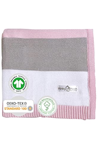 Babydecke 100% Bio Baumwolle ÖKO TEX zertifiziert - Kuschelige Baby Decke, Strickdecke, Bettdecke, Erstlingsdecke, Kuscheldecke für Sommer und Winter - Baumwolldecke in Rosa für Mädchen von Minky Mooh