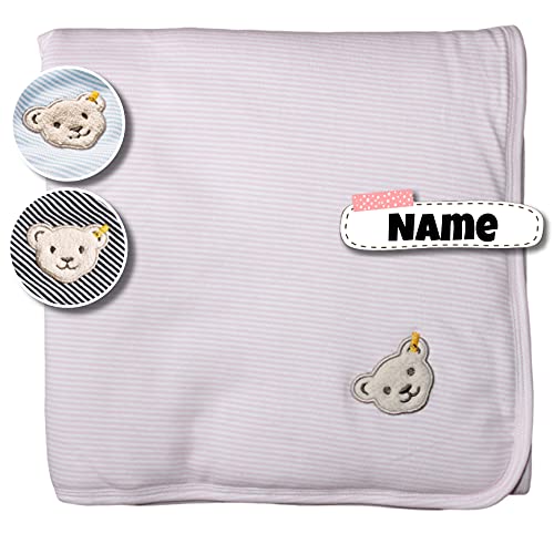Steiff Babydecke mit Namen | Baumwolle | personalisiert | 3 Farben | kuschelig weich | warm | Steiff Baby Decke (Rosa)