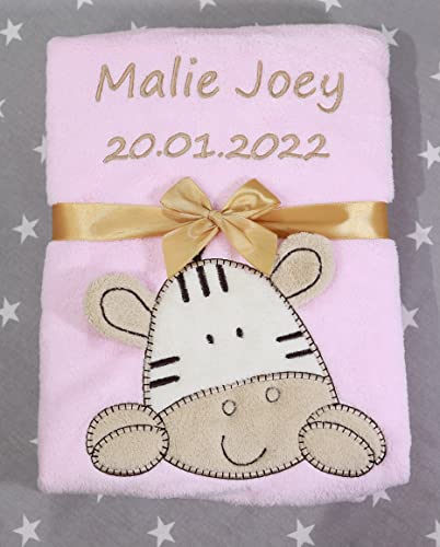 Babydecke mit Namen und Datum bestickt Baby Geschenke Geburt (Rosa - Zebra)