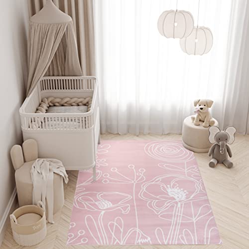 TAPISO Pinky Teppich Kurzflor Kinderteppich Kinderzimmer Pink Rosa Weiß Pastellfarben Modern Blumen...