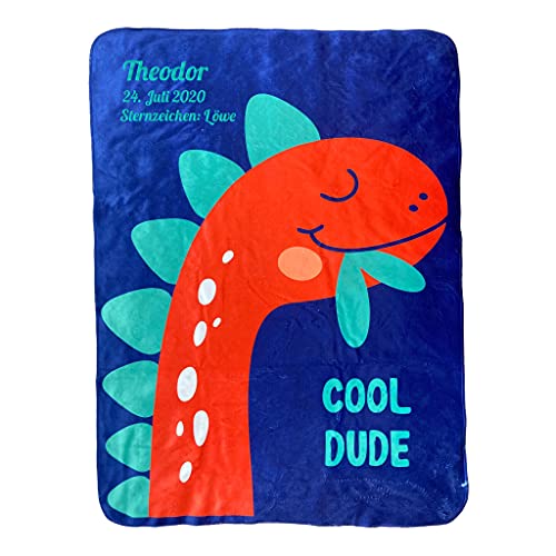 Wolimbo Duo Babydecke mit Namen - Motiv Dino Cool Dude - Lammfell Optik - 75x100cm