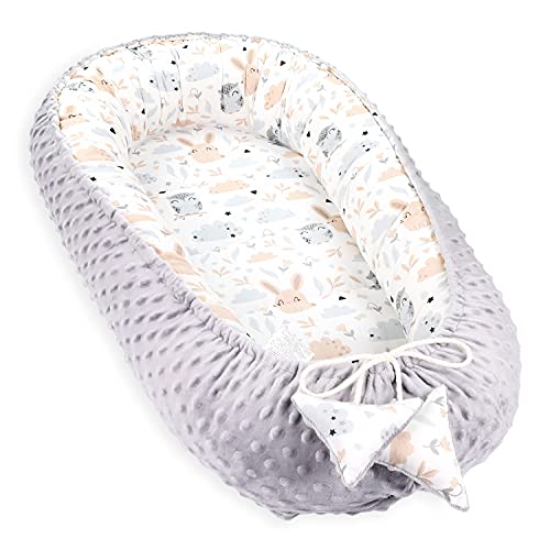 warmes Nestchen Baby 90x50 cm - Kuschelnest Neugeborene Nestchen Winter / Herbst Kokon Babynest Grau Minky mit Grau-weiß mit Eulen und Hasen