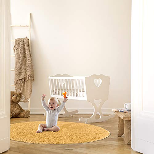 MyShop24h Teppich Wohnzimmer Kinderzimmer - Rund - Shaggy - 120x120 cm - Gelb Einfarbig Flauschig Hochflor Teppiche Modern