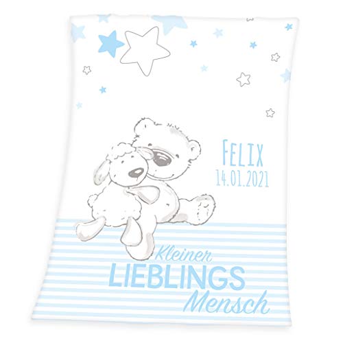 Wolimbo Babydecke mit Namen personalisiert - Motiv Lieblingsmensch hellblau - Besticktes Geschenk...