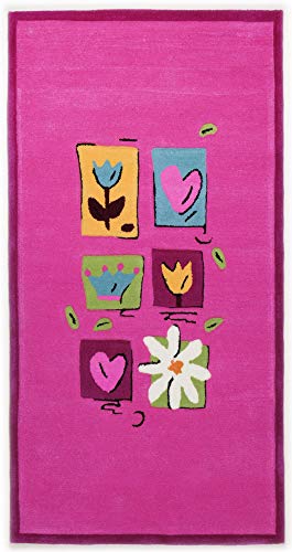 Bunter Kinderteppich und Jugendteppich | Handgearbeitet, Sturzsicher | Blumen | Pink | 80 x 150 cm |...