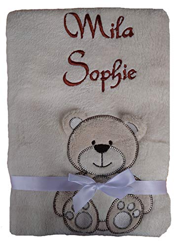 Babydecke viele Farben & Motive mit Namen / Geburtsdatum Bestickt Geschenk Baby (beige Bär)