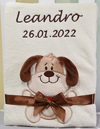 Babydecke mit Namen und Datum bestickt Baby Geschenke Geburt (Beige - Hund)