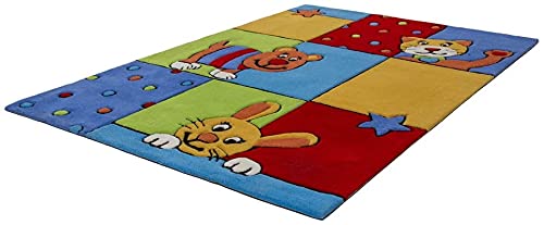 Teppich für Kinderzimmer | Kinderteppich & Spielmatte Jungen Mädchen Baby | Spielteppich Kurzflor mit Tier & Dschungel Motiven | Farbe Bunt | Größe 120x170 cm | Motiv : Hund Katze Hase