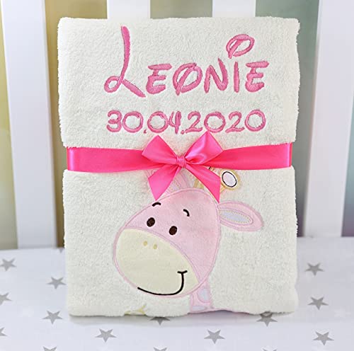 Babydecke mit Namen und Datum bestickt Baby Geschenke Geburt (Ecru-Rosa Giraffe)