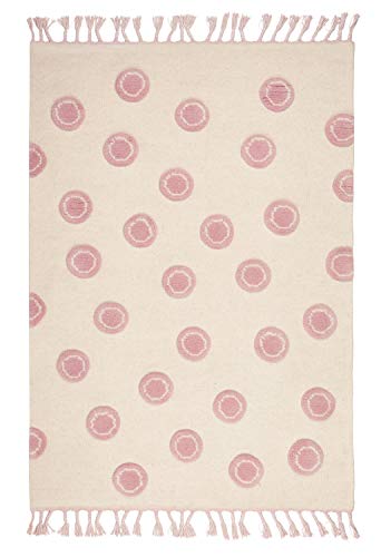 Hochwertiger Jugendteppich aus Wolle Kinderzimmer Wollteppich mit Punkten in natur weiss rosa Größe 120 x 180 cm inklusive Anti-Rutschunterlage