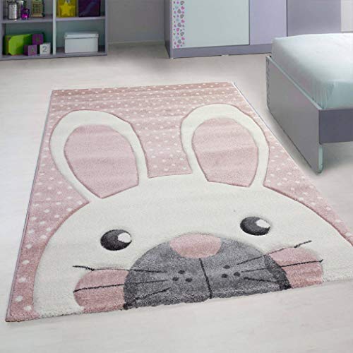 Flycarpets - Tier Kinderteppich - Indoor Kinderteppich - rechteckig - modern - Kurzflor 12 mm - in Größe 120x170 - in Hase rosa - Motiv - türkisch gewebt - 100% Polypropylen