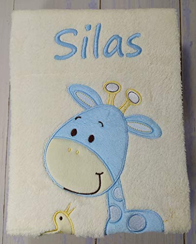 Babydecke mit Namen und Datum bestickt Baby Geschenke Geburt (Ecru-Blau Giraffe)