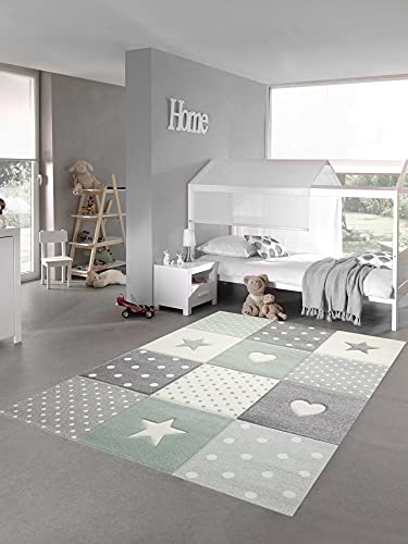 Teppich-Traum Kinderzimmer Teppich Spiel & Baby Teppich Herz Stern Punkte Design Grün Grau Creme...