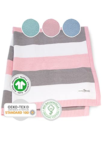 Babydecke aus 100% Bio Baumwolle - kuschelige Strickdecke ideal als Baby Decke, Erstlingsdecke, Wolldecke, Bettdecke oder Baby Kuscheldecke für Sommer und Winter in rosa für Mädchen von Minky Mooh