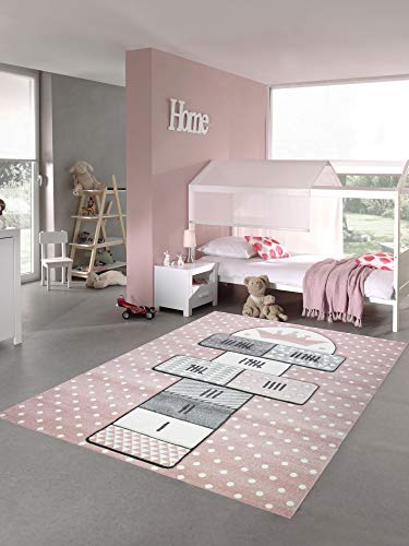 Merinos Kinderteppich Hüpfspiel Teppich Hüpfkästchen in Rosa Grau Creme Größe 120x170 cm