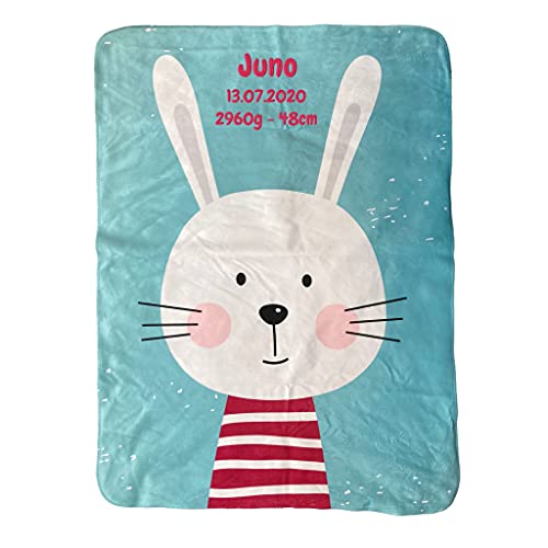 Wolimbo Duo Babydecke mit Namen - Motiv Hase Streifenpulli - Lammfell Optik - 75x100cm