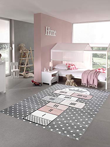 Merinos Kinderteppich Hüpfspiel Teppich Hüpfkästchen in Grau Rosa Creme Größe 160x230 cm
