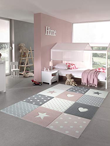 CARPETIA Kinderteppich Spielteppich Babyteppich Mädchen mit Herz Stern rosa Creme grau (120x170 cm)