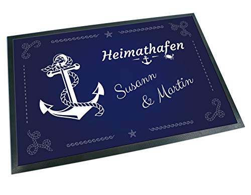 Fußmatte Anker Heimathafen mit Name, Teppich, Schiff, Boot, Maritim, Kreuzfahrt, Meer (100 x 65 cm)
