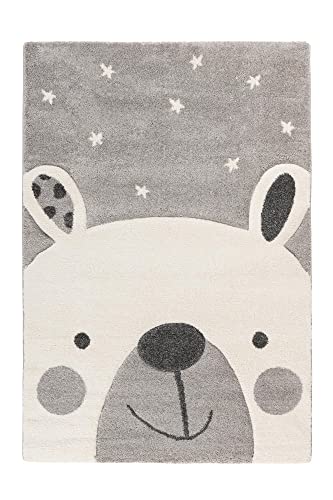 Qiyano Teppich für Kinderzimmer Spielmatte mit Tiermotiv Panda-Bär Bär Hase Pinguin Kinderteppich für Junge und Mädchen, Motiv: Bär, Farbe: Grau, Größe: 120 x 170 cm