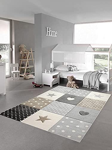 Teppich-Traum Kinderzimmer Teppich Spiel & Baby Teppich Herz Stern Punkte Design in Braun Beige Grau...
