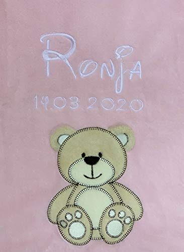 Babydecke mit Name und Geburtsdatum Bestickt / kuschelig weich / 1A Qualität (Rosa - Bär)