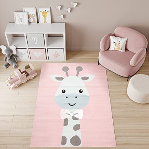 TAPISO Baby Teppich Kinderteppich Kurzflor Rosa Grau Blau Weiß Giraffe Kinderzimmer Modern 180 x 250 cm