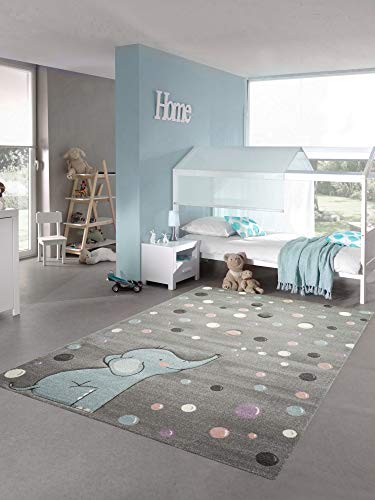 Teppich-Traum Kinderteppich Elefant Kinderzimmerteppich mit Punkten in grau blau Größe 120x170 cm