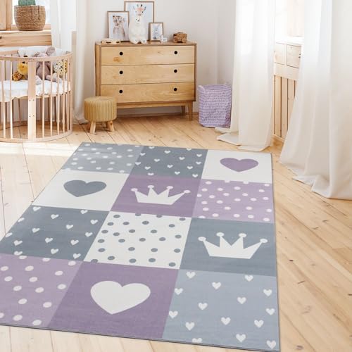 TT Home Kinderzimmerteppich Teppich Junge Mädchen Kinderteppich Baby Herzen Pastell, Farbe:Grau...