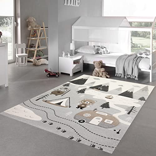 Kinderzimmer Teppich Spielteppich Camping Bären Zelt Berge Wohnwagen Tannen Fluss grau Creme braun,...