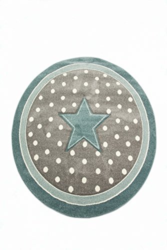Kinderteppich Kinderzimmerteppich Babyteppich rund Stern in Türkis Grau Weiss Größe 80 cm Rund