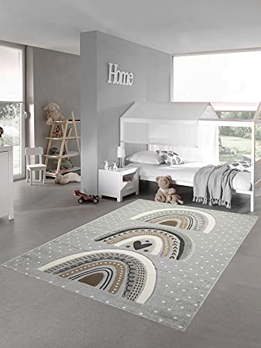 Kinderzimmer Teppich Spielteppich gepunktet Herz Regenbogen Design grau braun Größe 160x230 cm