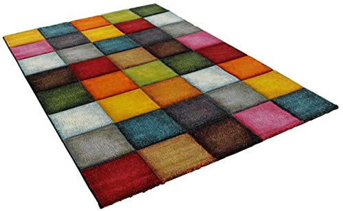 Kurzflor Wohnzimmer Teppich Bunt Karo Design Vierecke Mehrfarbig Farbenfroh, Grösse:120x170 cm