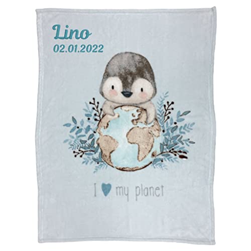 Wolimbo Babydecke mit Namen personalisiert - Motiv Pinguin hellblau - Besticktes Geschenk für...