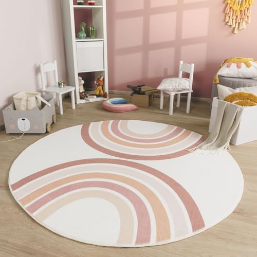 TT Home Babyzimmer Teppich Rund Kinderzimmer Waschbar Regenbogen Sonne, Farbe:Rosa Beige Pink,...